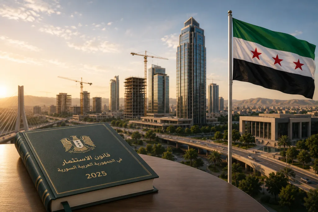 كتاب قانون يطل على أفق مدينة حديثة يرمز إلى قانون الاستثمار السوري 2025 والتنمية الاقتصادية وفرص الاستثمار في سوريا.