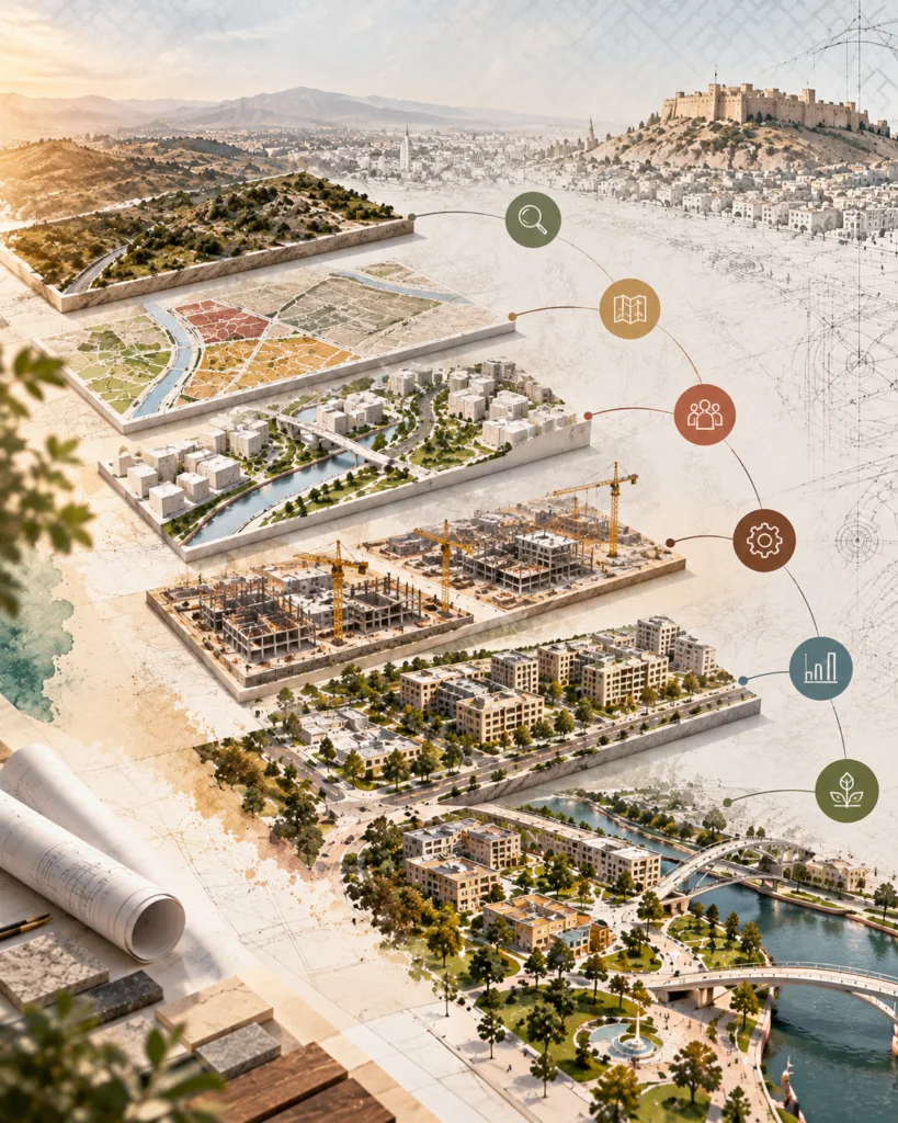Urban master plan showing the distribution of commercial, service, and recreational spaces in an urban development project
